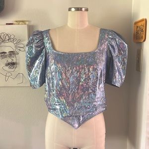Batsheva holographic blue dirndl corset top